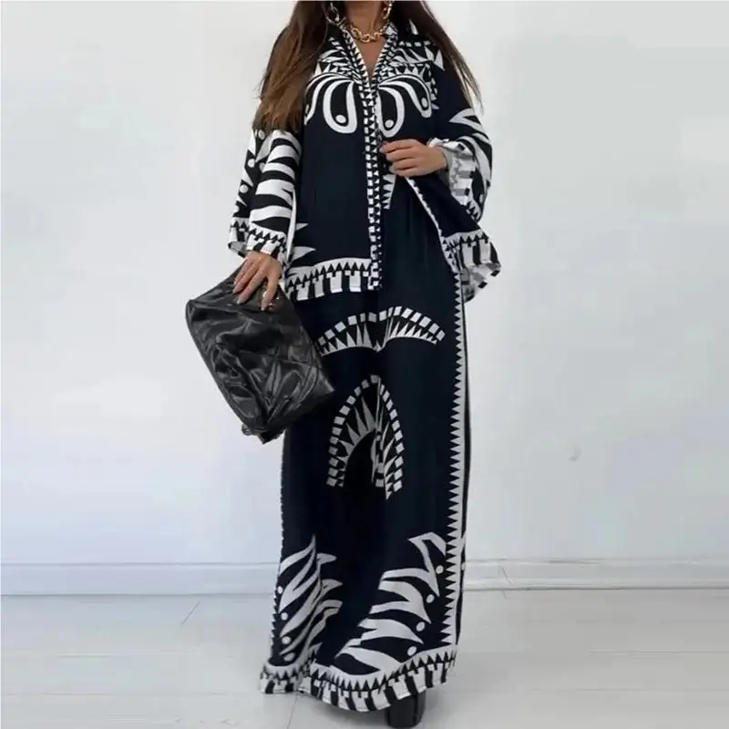 Autumn Ethnic Fashion Casual Bohemia Print Loose Set Spring Flared Sleeve Open Shirt & Wide Leg Long Pants Suit Women Vintage