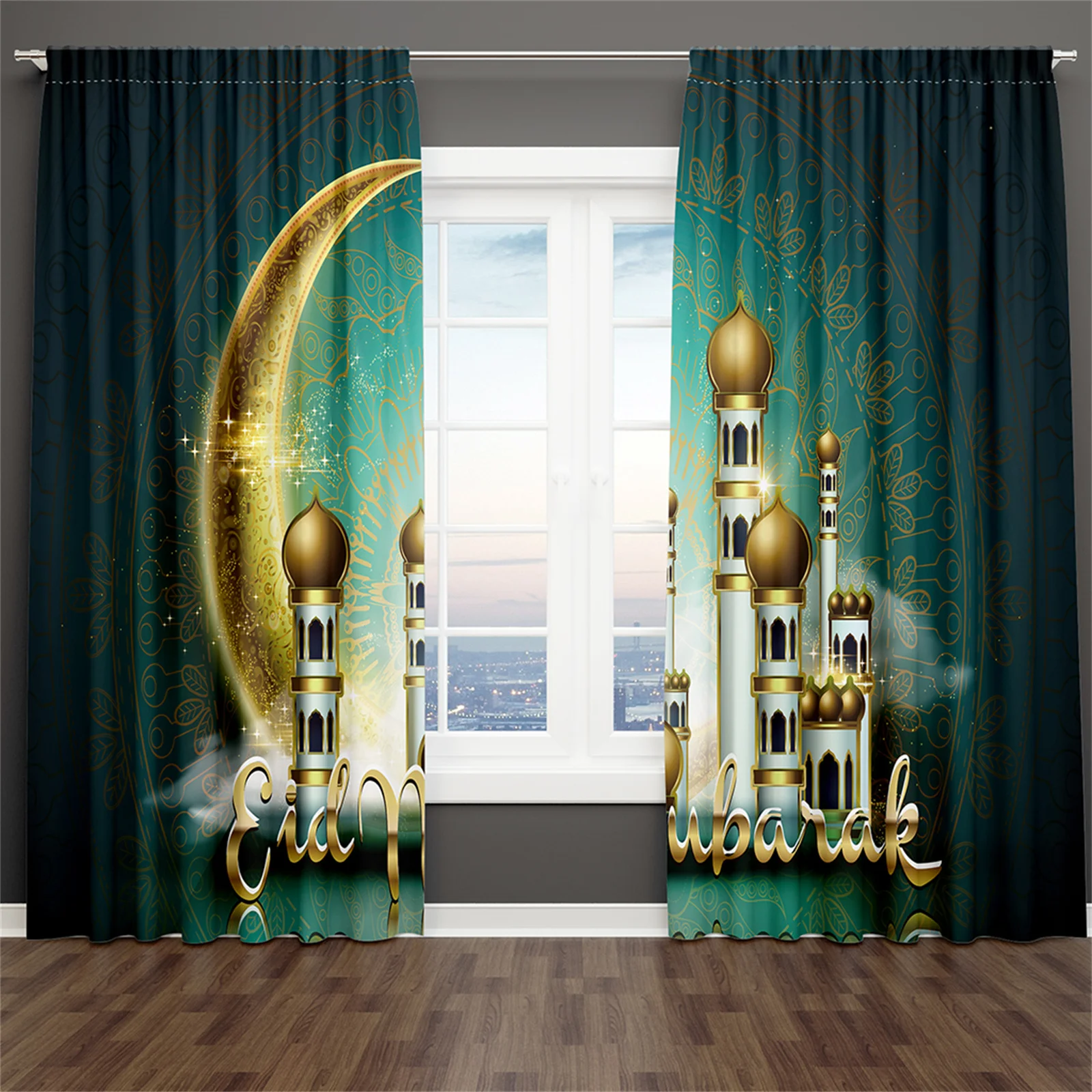 Luxury Muslim Ramadan Festival Shading Drapes Darkening Window Curtain Set for Living Room Bedroom Decor 2 Pieces Free Shiping