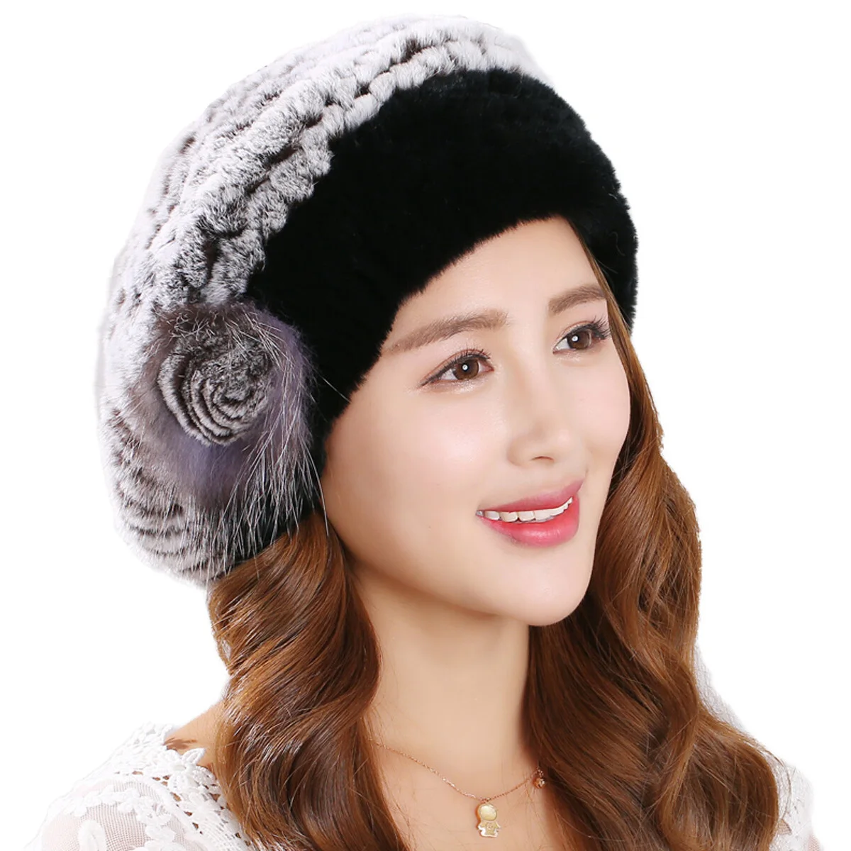 Real Rabbit Fur Hat Warm Beanie Cap Outdoor Headwear Flowers Russia Natural Winter Accessories Authentic Rabbit Fur For Women