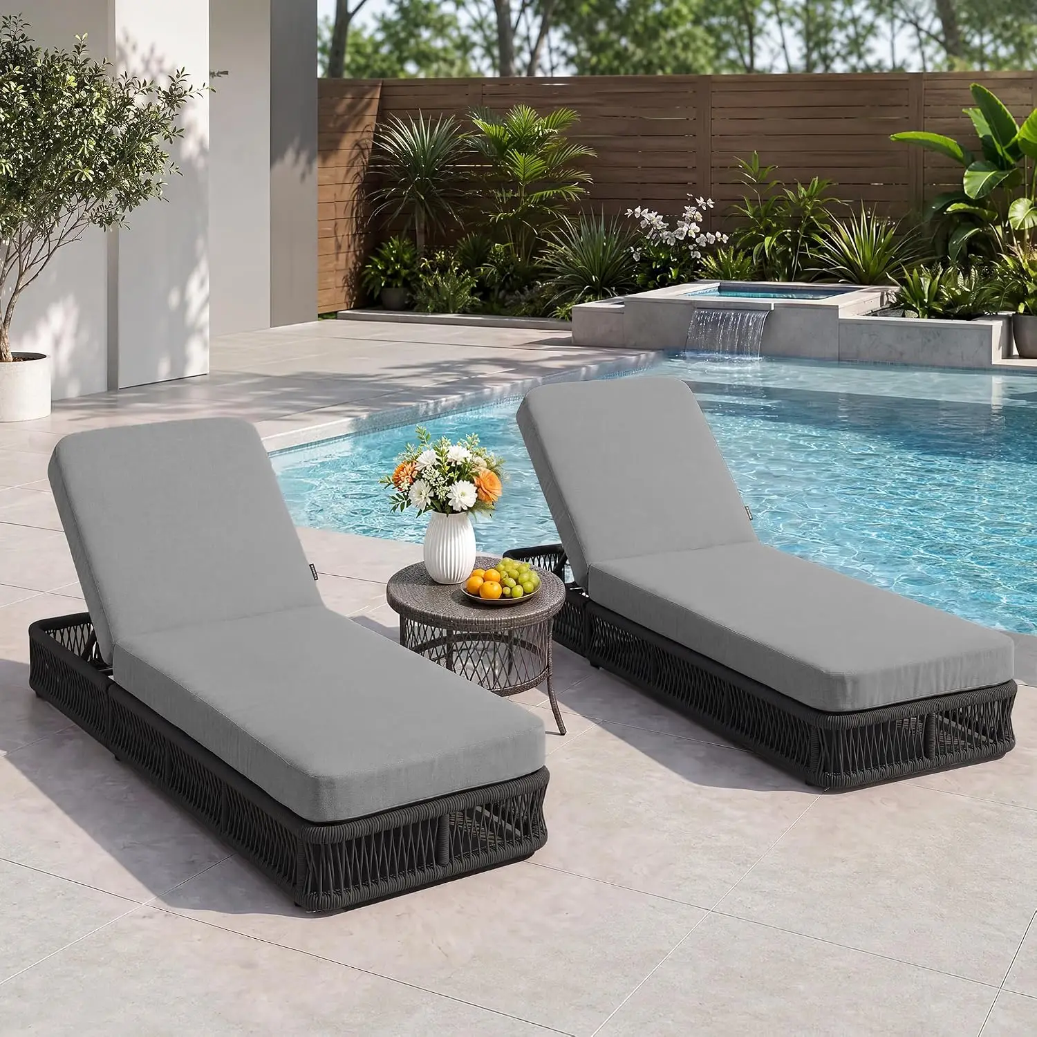 5-Position Adjustable Chaise Lounge Set of 2, All-Weather Rope Recliner with 5 Inch Cushion, Water-resistant Patio Lounge