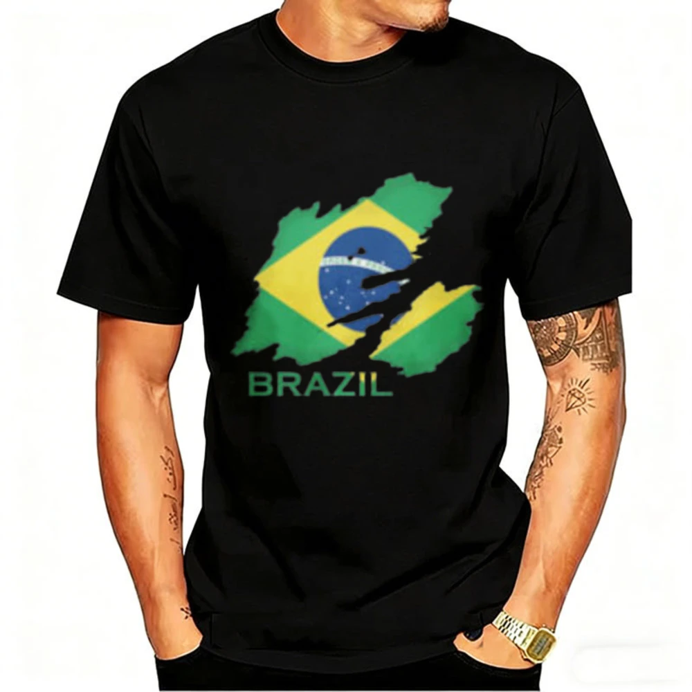 Brazil Map T-Shirt Distressed Brazilian Flag Graphic Tee National Pride Gift for Men Casual Cotton Tops Mens Graphic Tshirts