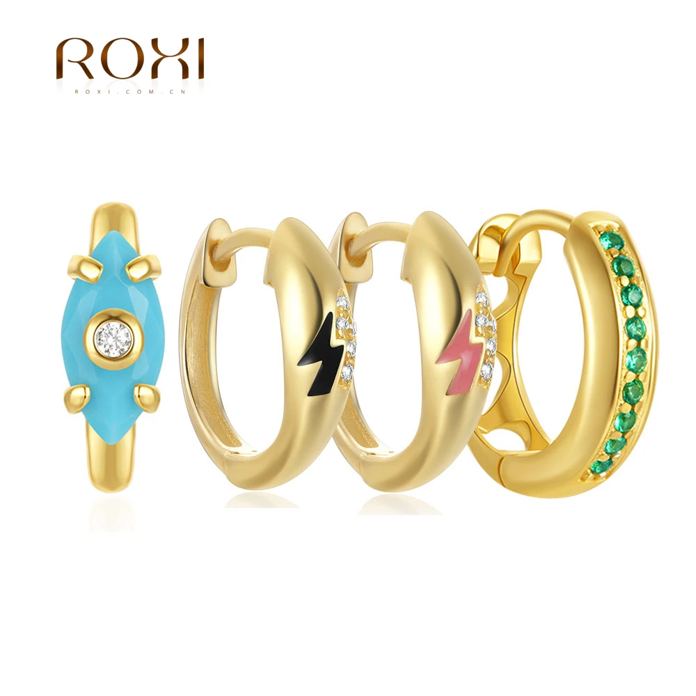 ROXI 925 Ayar Gümüş Turkuaz Kulak Tokası Renkli Yıldırım Emaye Zirkon Küpe Kadınlar Için Parti Hoop Küpe takı