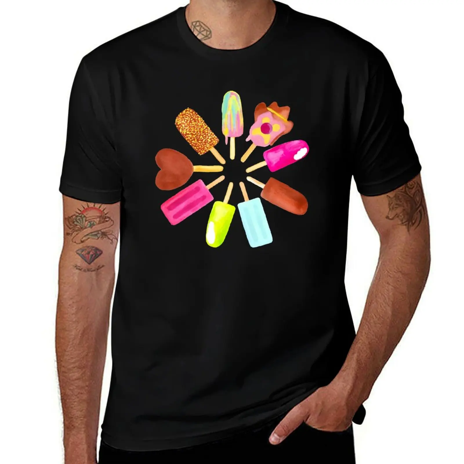 Aussie Ice Creams - Scatter - Black T-Shirt Urban Style Casual Short Sleeve Top