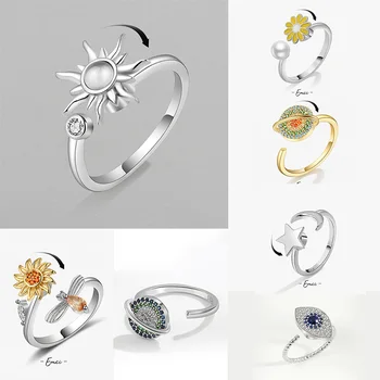 Anti Stress Anxiety Fidget Rings for Women Satinless Steel Spinner Sunflower Sun Star…