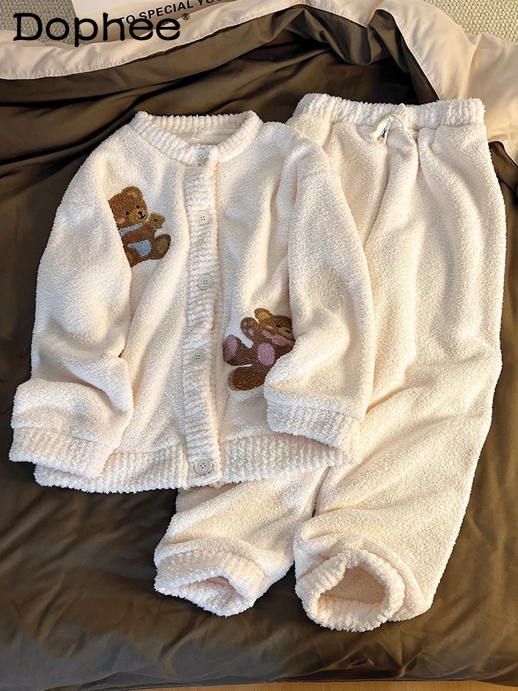 

Cute Cartoon Bear Thin Velvet Warm Pajamas for Women 2025 New Autumn and Winter Thickened Coral Fleece Casual Homewear