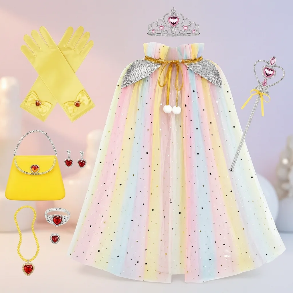 

Princess Costume Set Cape Crown Handbag Cloak Sequin Fluffy A Line Queen Cosplay Birthday Party