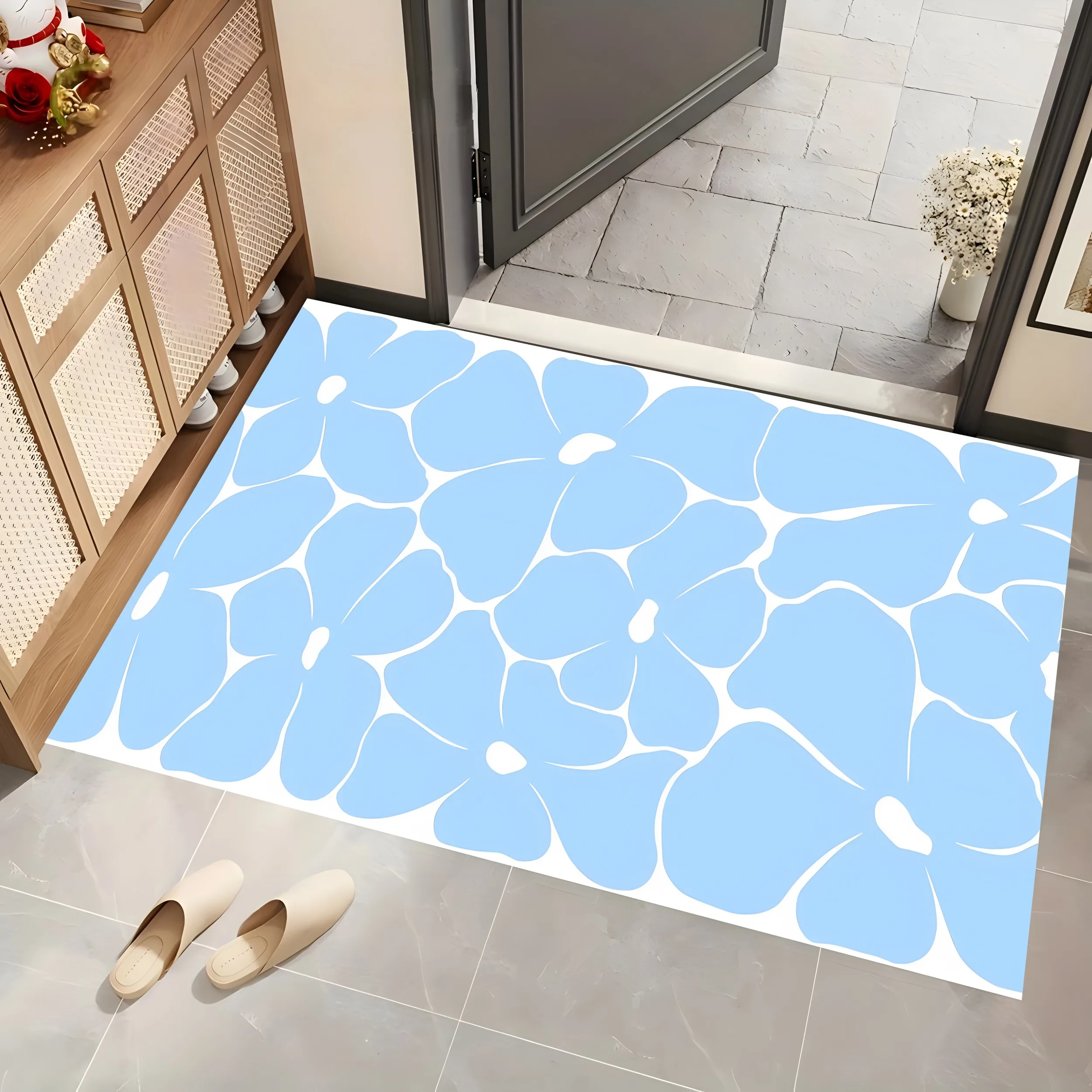 Light Blue Velvet Rug with Simple Floral Design, Fresh and Soothing Carpet for Living Room and Bedroom, Cozy Home Decor