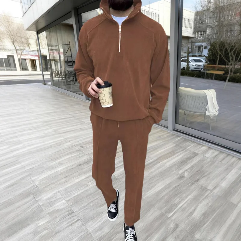 

Мужской флисовый спортивный костюм с полумолнией: толстовка с рукавами реглан и брюки на шнурке