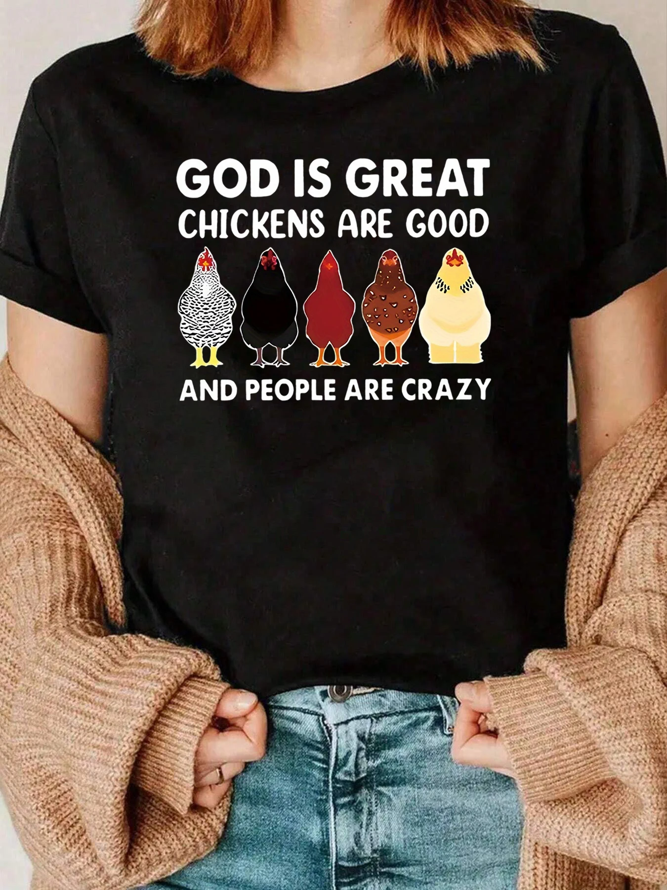 

Chicken And People Are Crazy Print T Shirt Halloween Casual Wear Women 220g