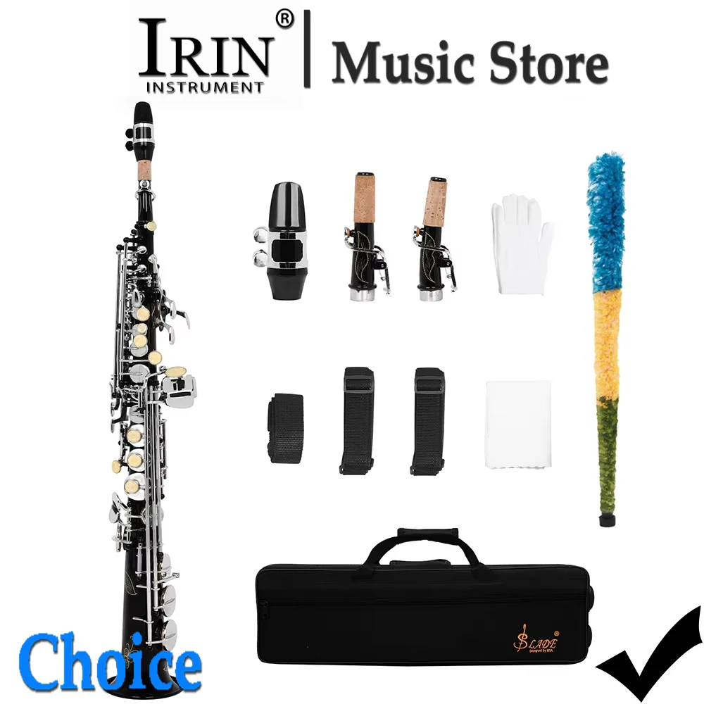 SLADE Soprano Saxophone Standard Bb Straight Soprano Saxophone Brass Black Body Carved White Shell Keys Sax with Strap Gloves