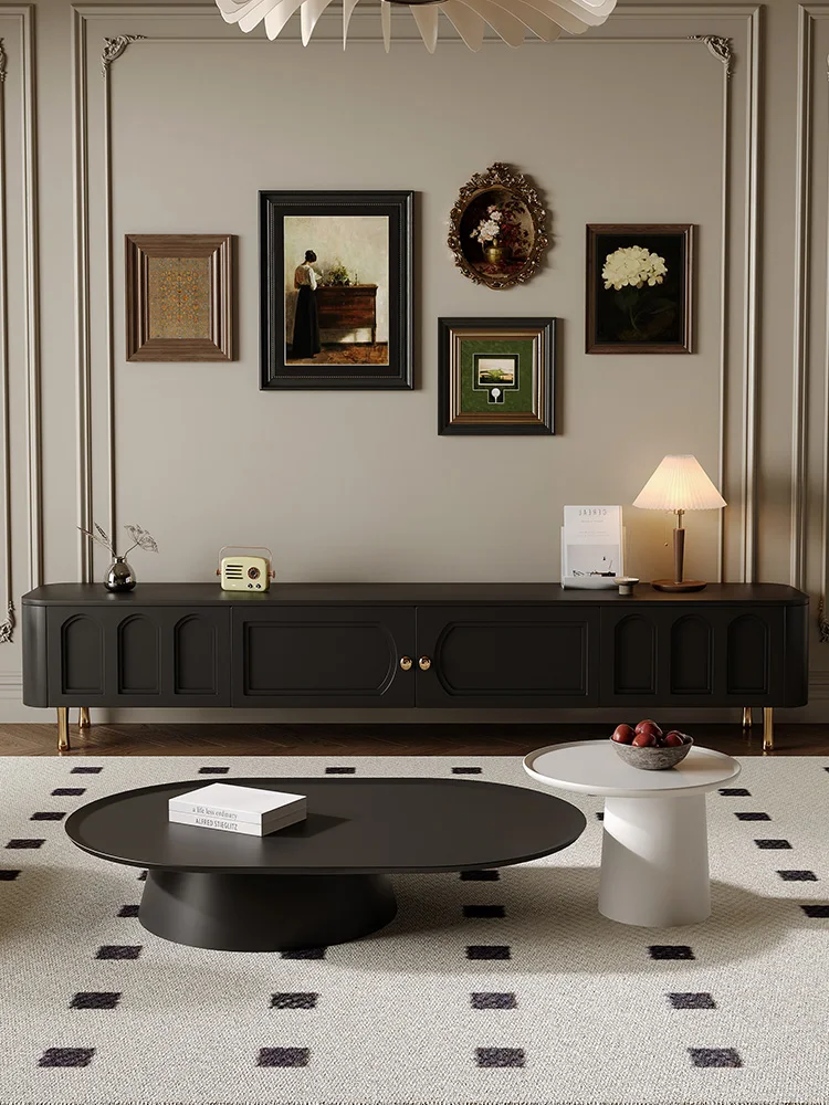 

French retro TV cabinet coffee table combination modern simple living room floor cabinet black high-end furniture customer low c