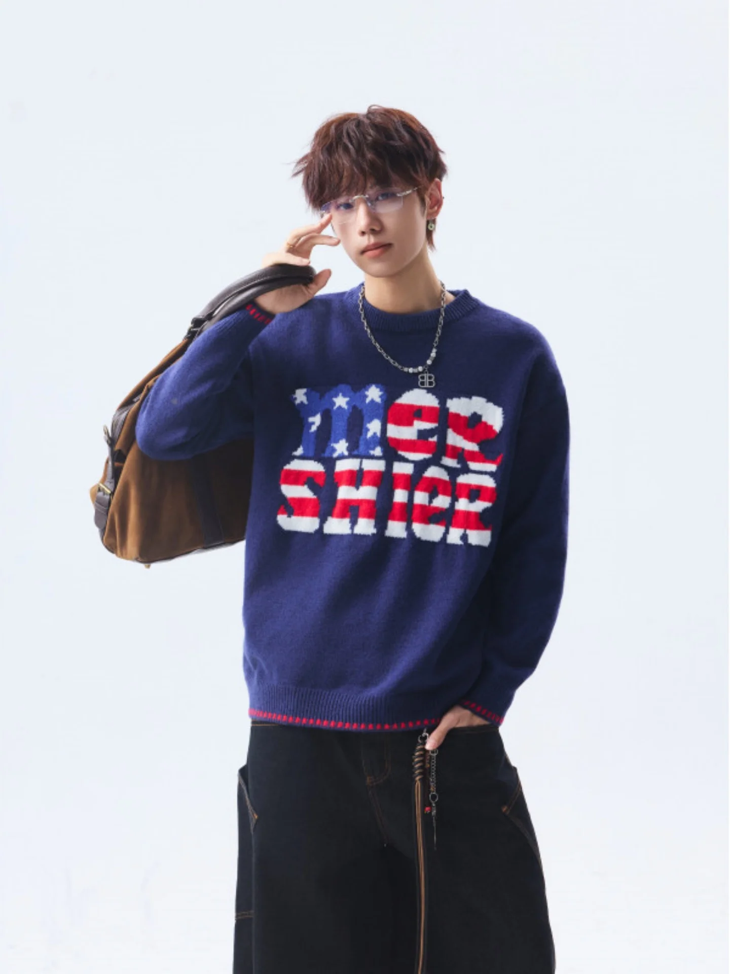 

Мужской вязаный свитер в американском ретро-стиле, осенне-зимний, с цветными блоками и надписями, универсальный, с круглым вырезом, пуловер, верхняя одежда