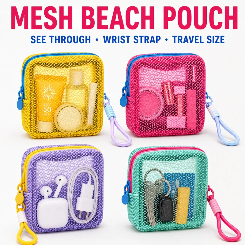 Clear Mesh Beach Pouch with Wrist Strap – Travel Organizer Bag