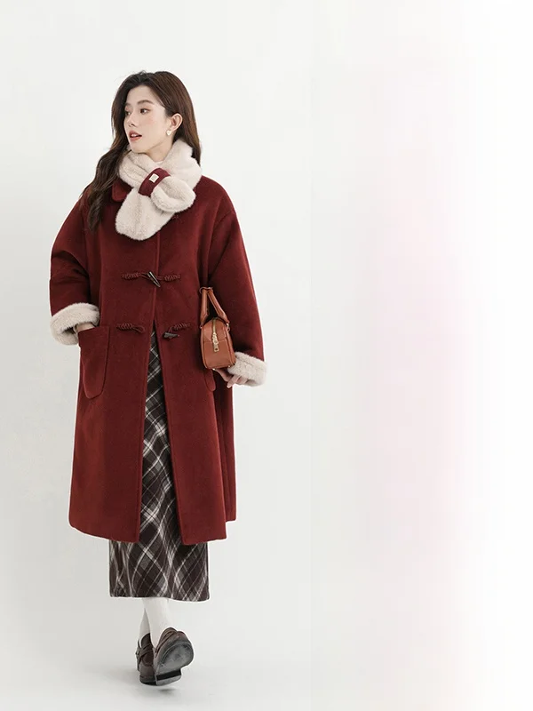 

plus Size Thiened Warm Medium Length Woolen Coat with Turn-down Collar And Horn Buttons for Young Women Casual Faion