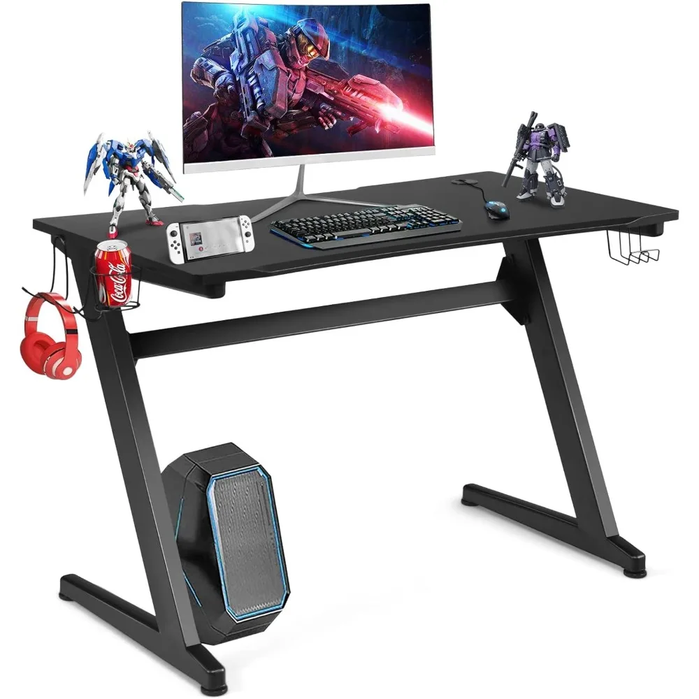 

45.5 Gaming Desk, Z Shaped Racing Game Table with Carbon Fiber Surface, Mouse Mat, Headphone Hook, Cup Holder, Game Handle Rack