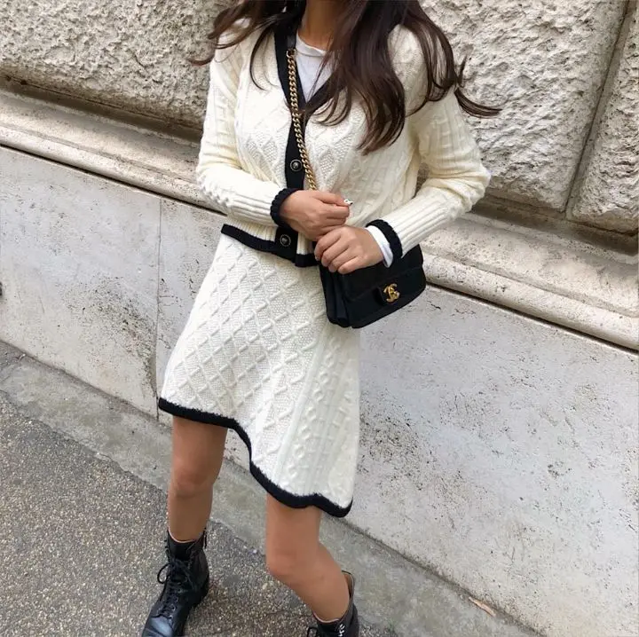 

Color Blo Knitted Open Cardigan V Ne Top Waist Cinched Skirt Set Women's Faion Retro Anti Aging Cotton Blend