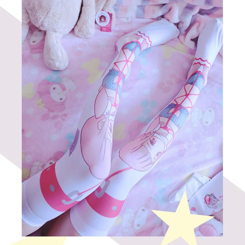 

Japanese Cartoon Girl Stockings 3D Printing Summer Thin Velvet Calf Socks Harajuku Fashion Character Plays Sweet Cute Pink