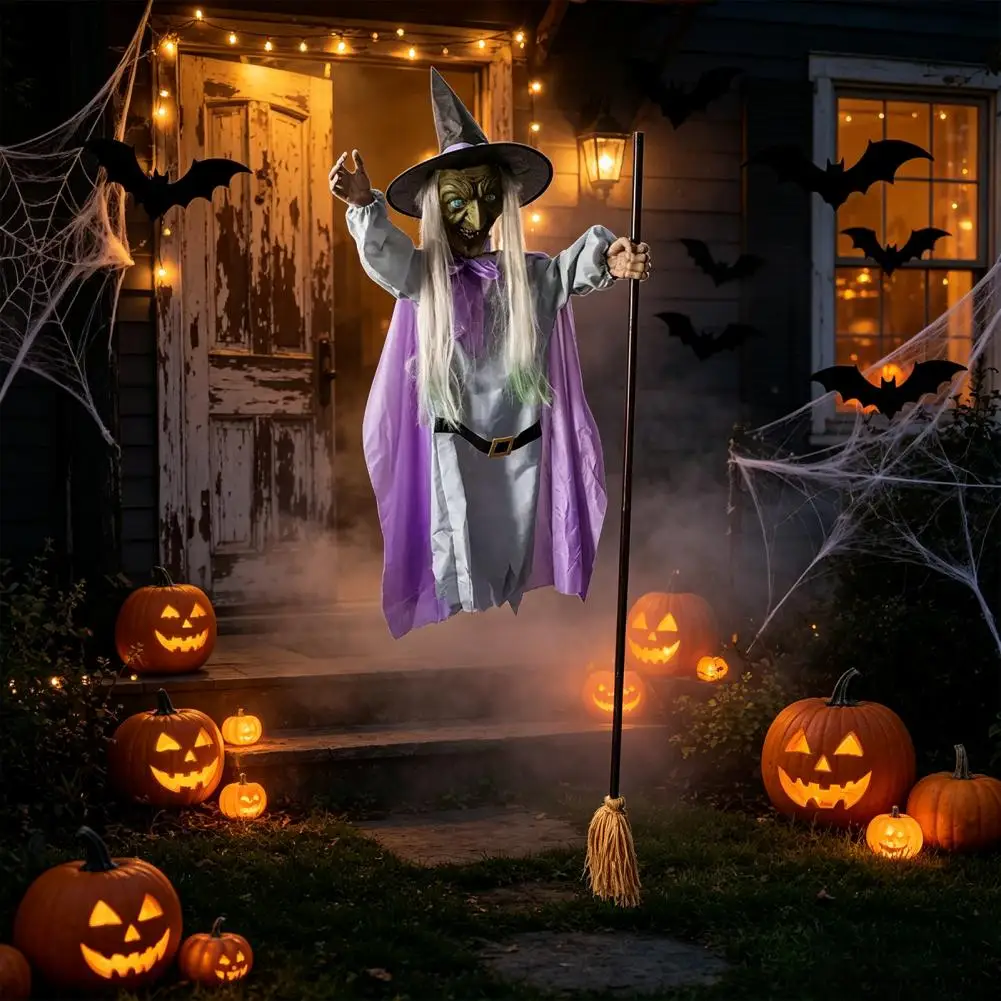 Floating Witch for Lawn Halloween Witch Decoration 200cm Halloween Flying Witch Prop with Glowing Eyes Sound Effects for Garden