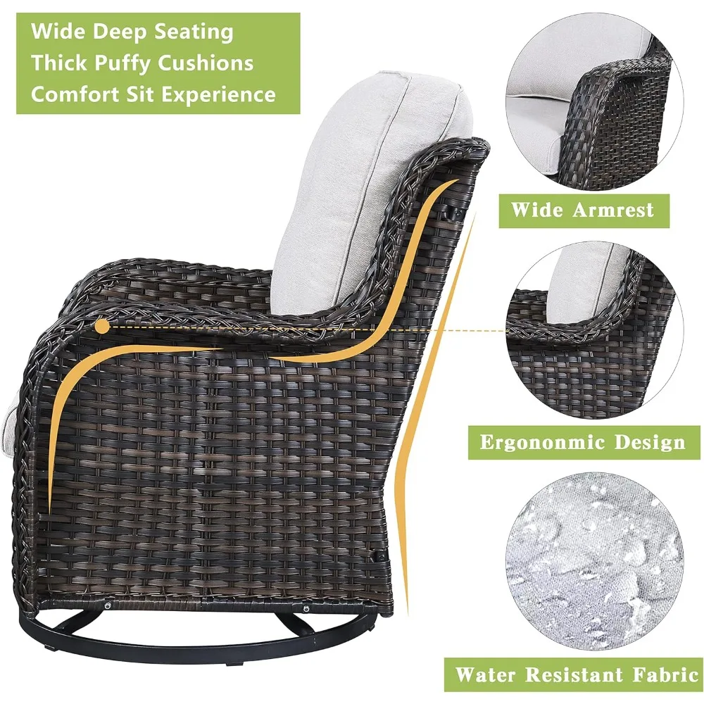 Wicker Rocking Chair Swivel Chairs - 3 Piece Rocker Patio Furniture Set Rattan Rocking Bistro Sets with Glass Top Side Table for