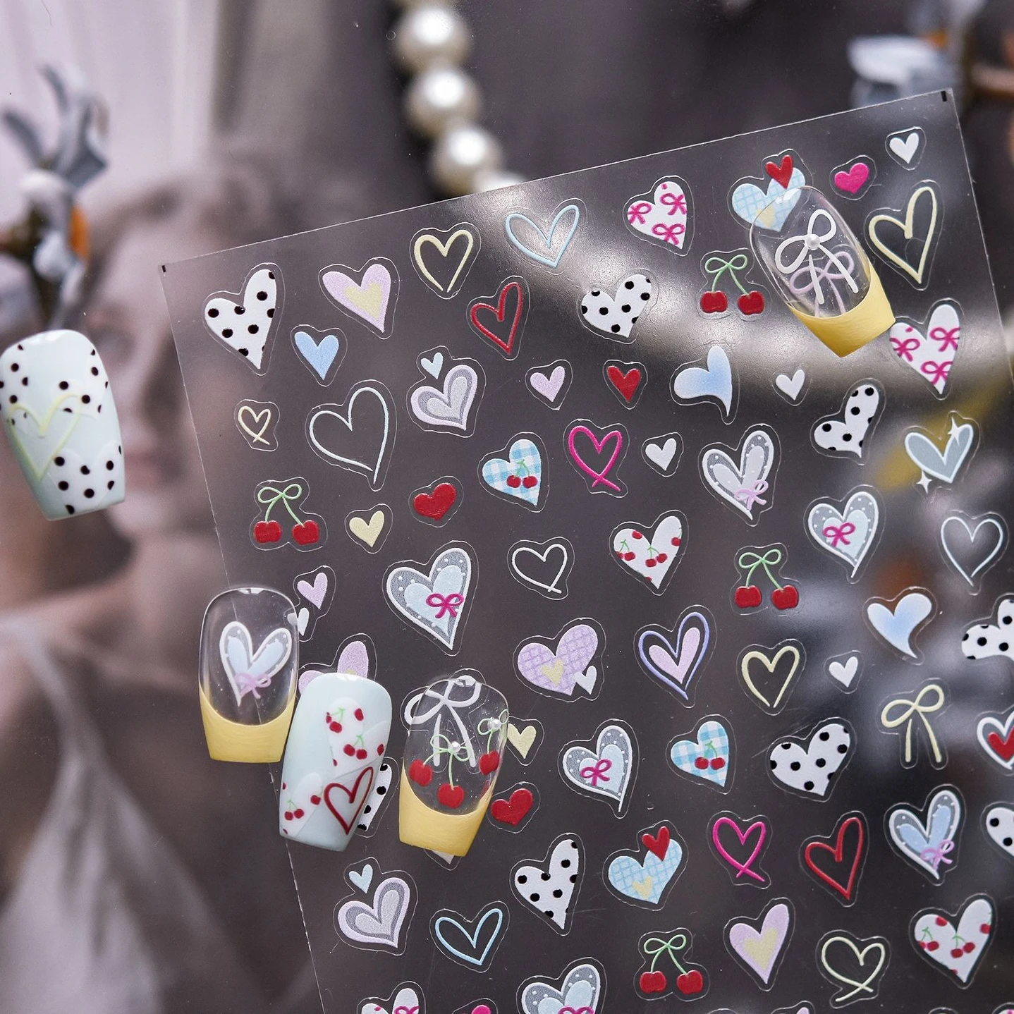 Autocollant de manucure Chic, cœur d'amour, nœud papillon, pois, ligne Simple, cerise, rétro, imprimé léopard, Graffiti coloré, étoile, Nail Art