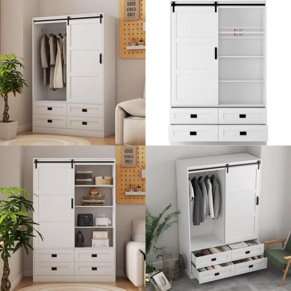 Armario alto de madera con puerta corrediza de Granero, armario con 4 cajones para dormitorio, armario de almacenamiento de ropa ajustable