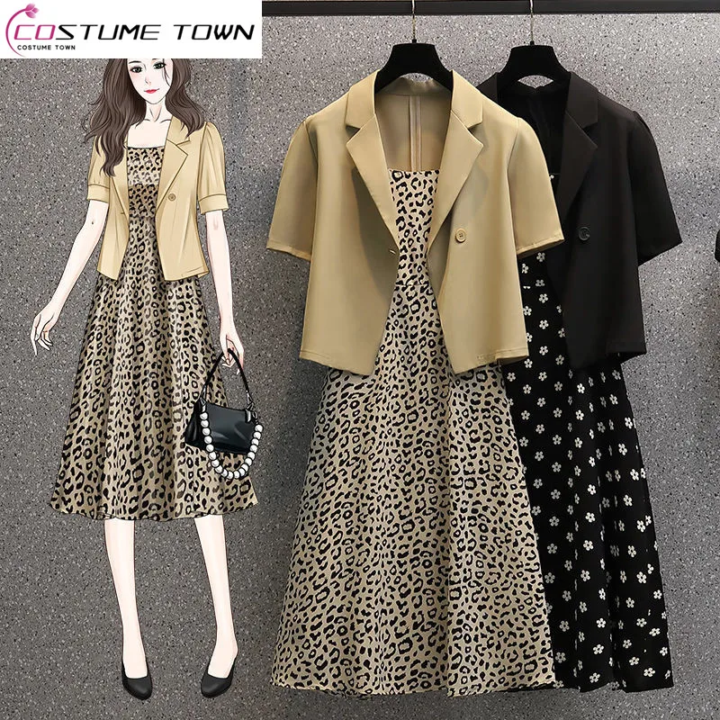 2023 Summer New Leopard Print Suspender Dress Casual Short Jacket Blazer Two-piece Elegant Women's Skirt Suit Street Outfits