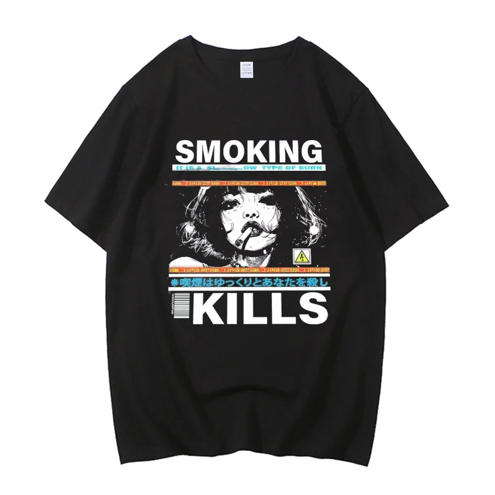 Smoking Kills T Shirt Men Women Japanese Anime Girl Grunge Aesthetic Vintage Washed T-shirt Unisex High Quality Cotton Tee
