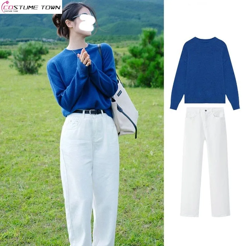 

Autumn and Winter Korean Edition New Fashionable Blue Knitted Sweater+White Loose Jeans Two Piece Set Trendy