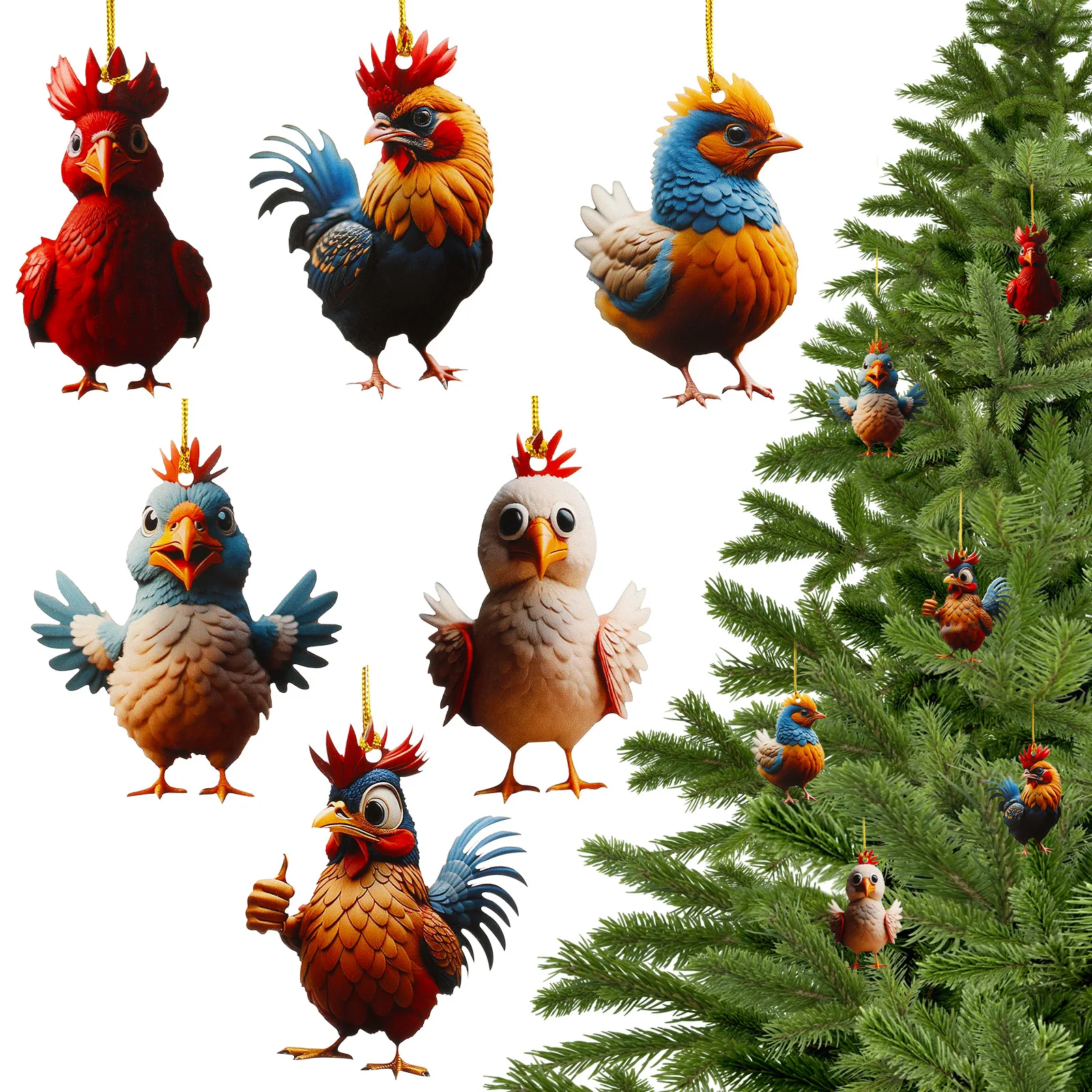 8Pcs Christmas Chicken Ornament Set Funny Chicken Xmas Tree Decorations Acrylic Hanging Chicken Decor with Hanging Rope Rooster