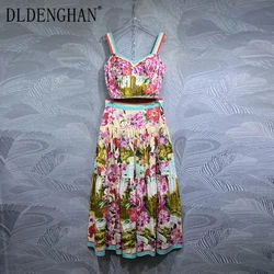 DLDENGHAN Summer Cotton Suit Women Spaghetti Strap Backless Short Tops+Skirt Flower Print Vacation 2 piece set Fashion Designer