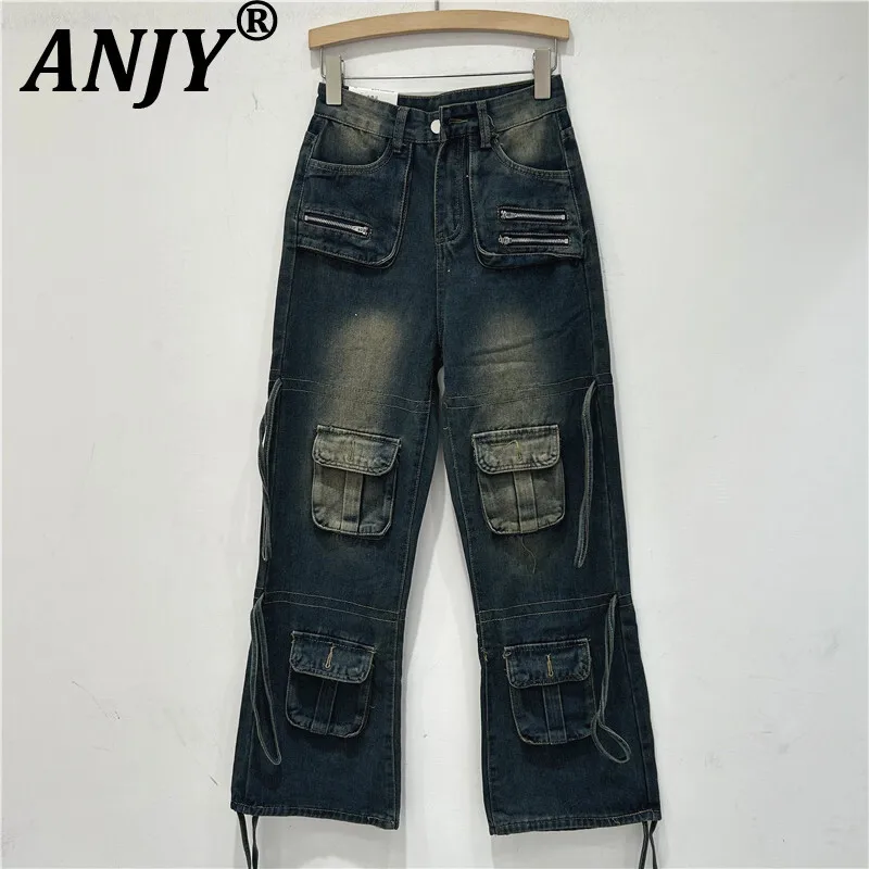 

ANJY Autumn New Women Ins Cargo Jeans Multi-Pocket Distressed Denim Safari Style Vintage Elegant Stylish High Street Pants A9972