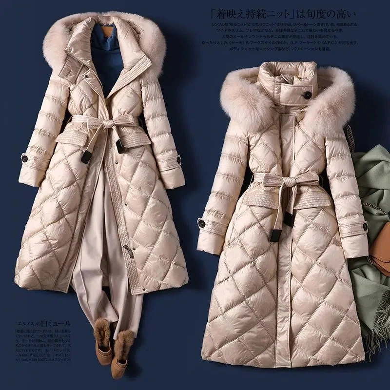 

2023 Winter new style down jacket real fox feather down jacket middle long style slim and thickened white duck down down jacket