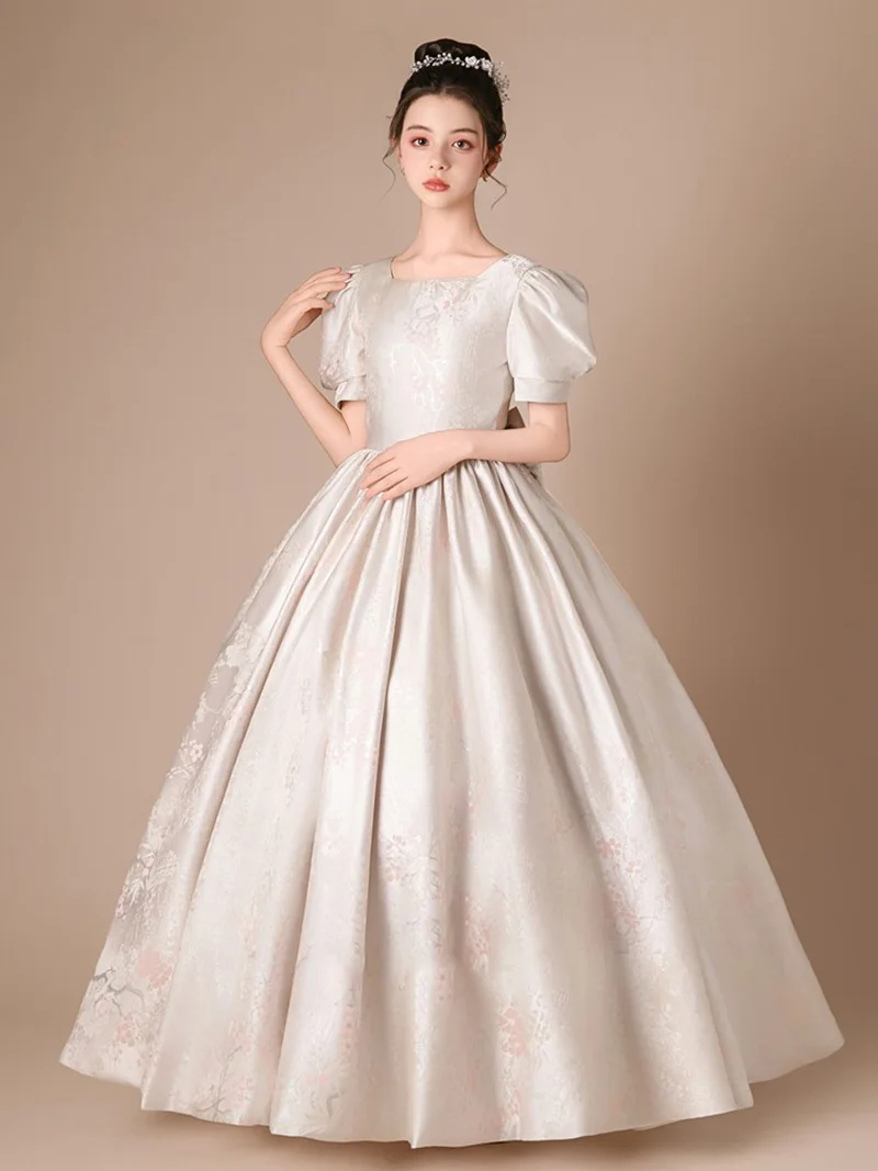 Meisjes prinses mouw vierkante hals peer bloem satijn junior bruidsmeisje jurk bloemenmeisje jurk vakantie jurk concert jurk/aangepast