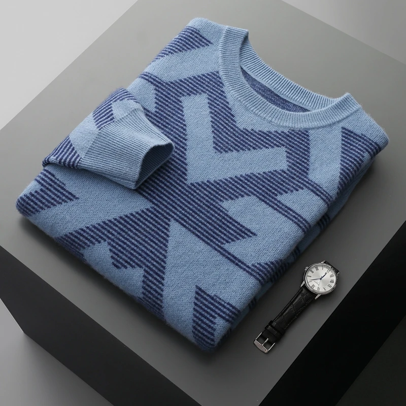Men's 100% Pure Cashmere round Neck Sweater Loose Fit Business Casual Base Layer Thickened Knitted Jacquard