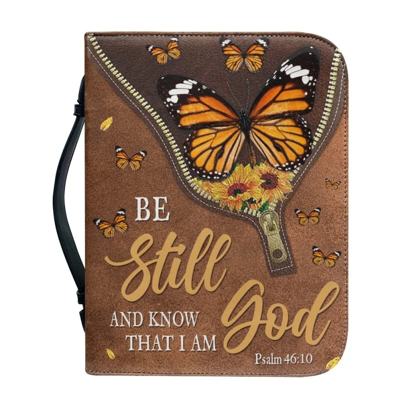 Be Still And Know That I Am God Butterfly Leather Style Print Church Bible Cover Case PU Handbags Study Book Holy Storage Boxes