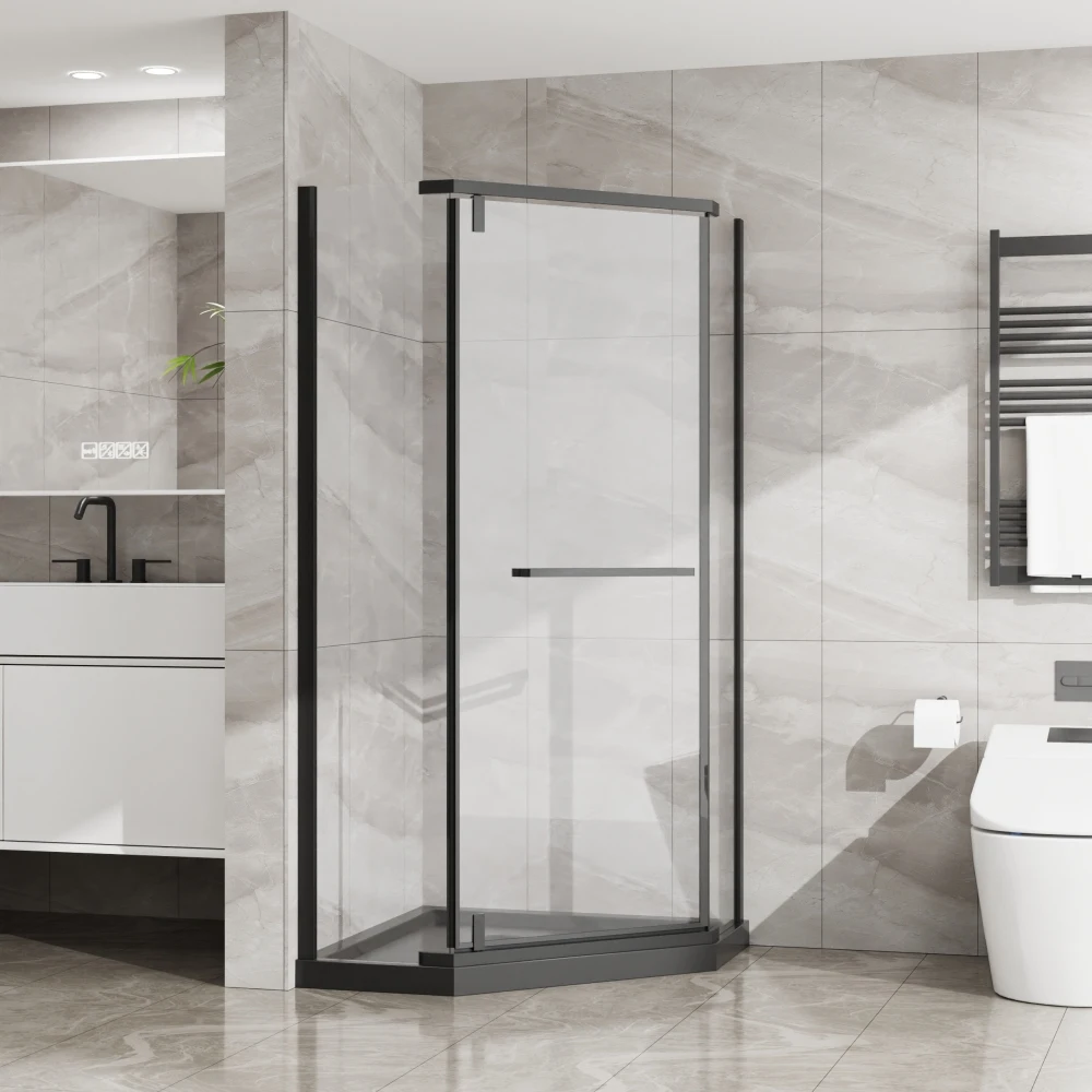 

Душевая дверь Goodyo Matte Black NeoAngle безрамная угловая 36D×36W×72H с черным акриловым основанием