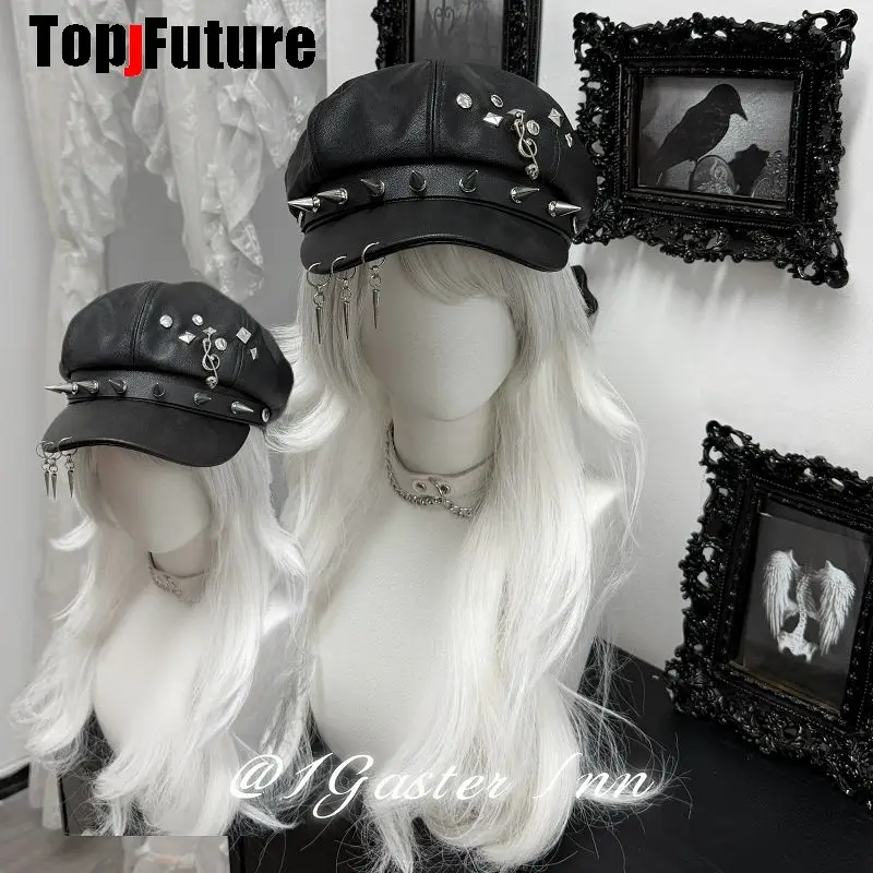 Women Subculture Y2K Girl Riveted Note Visual Subculture Beret Octagonal Hat Big Head Versatile Cool Hat Gothic Steampunk