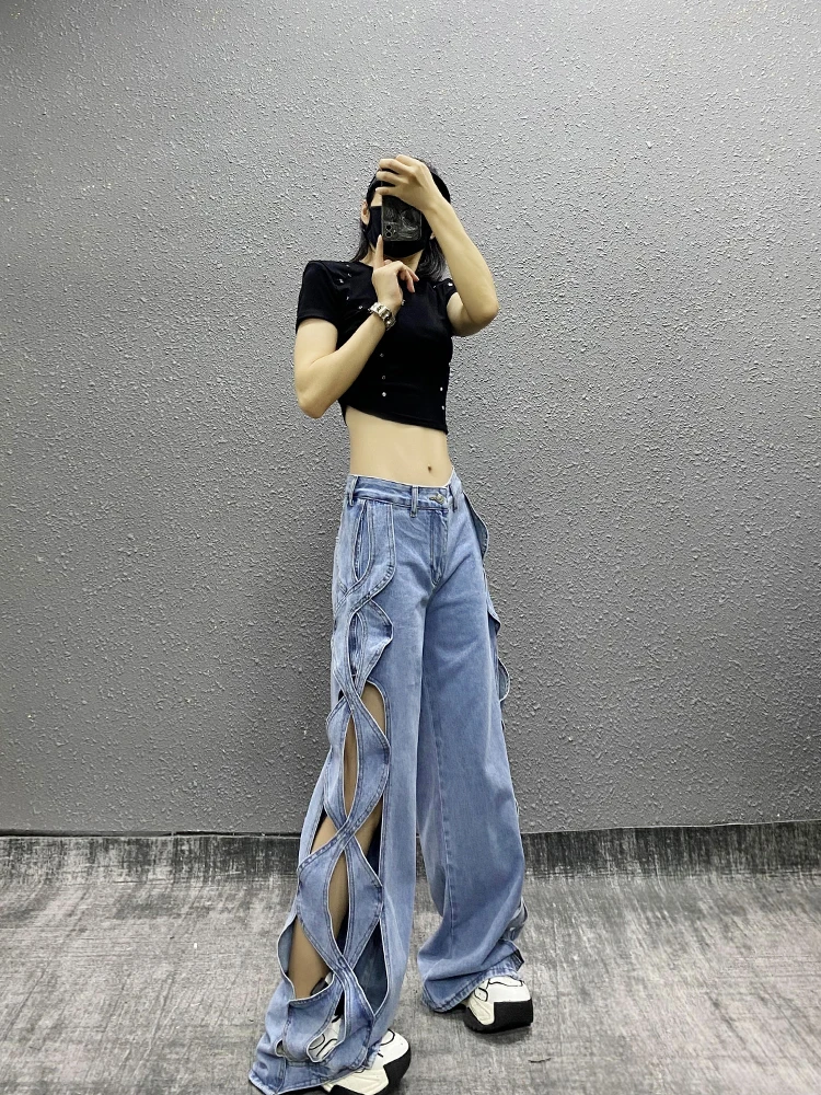 Women's 2024 Summer New High Waist Denim Trousers Loose Versatile Wide Leg Long Pants Personality Hollow Out Design Casual Jeans