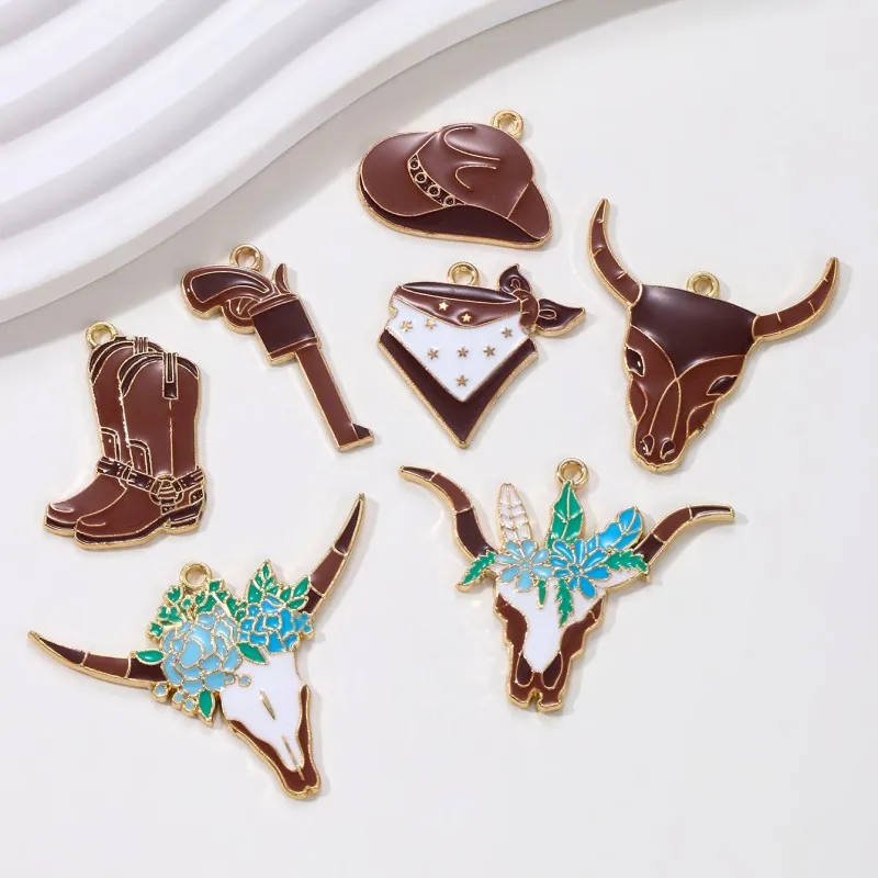 5pcs New Fashion Cool Bull Head Boots Handgun Enamel Charms Western Cowboy Style Classic Pendants For Making Handmade DIY