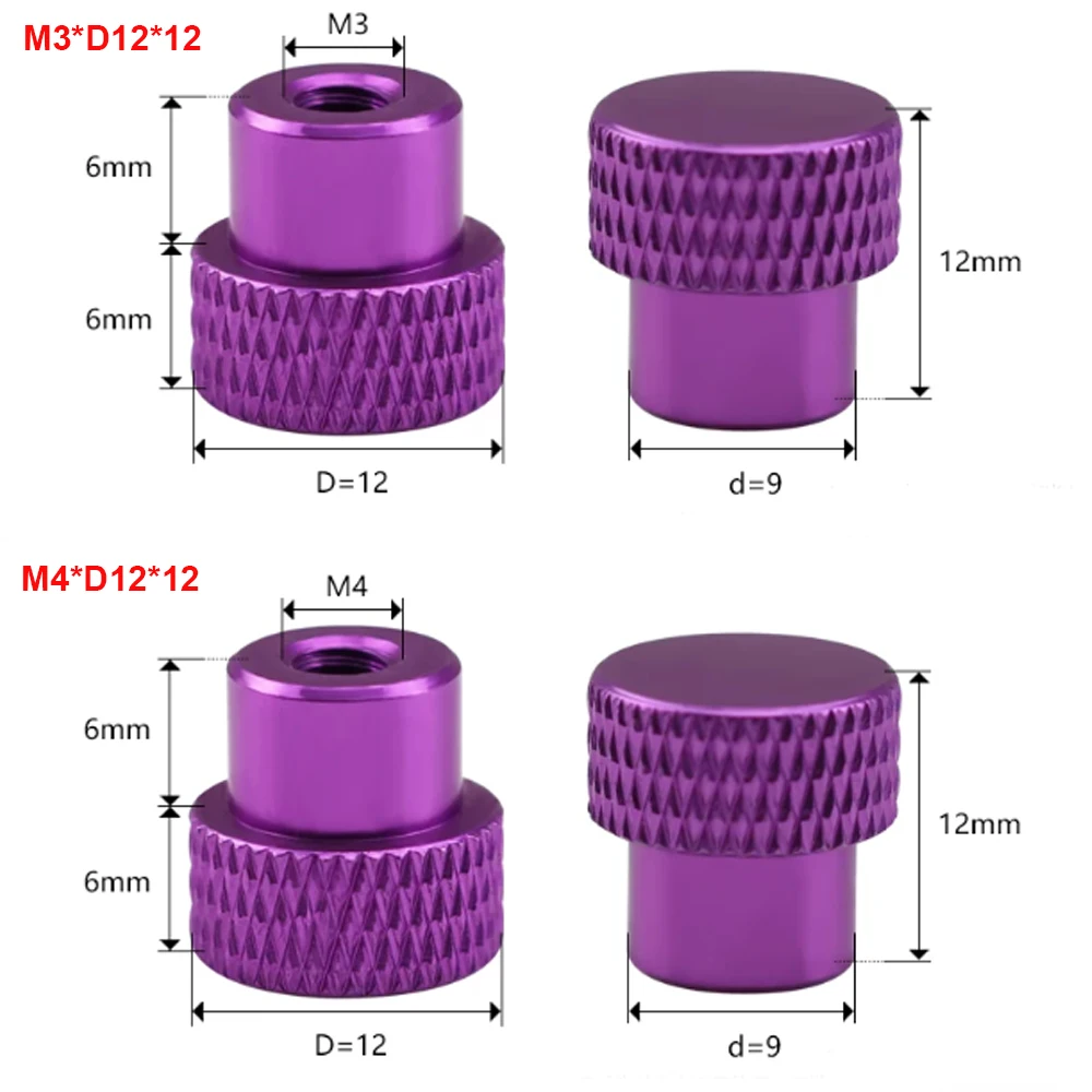 1Pcs Silver/Purple/Green/Golden/Blue M3 M4 D=12 H=12 Aluminum Alloy Knurled Hand Twisted Nut Blind Hole Thumb Knob Nuts