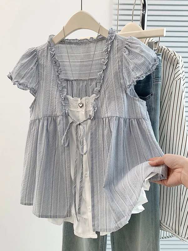 

Authentic Sweet Style Short Sleeve Loose Fit Breathable Polyester Fiber Wood Grain Detail Women's Shirt Summer Fashion