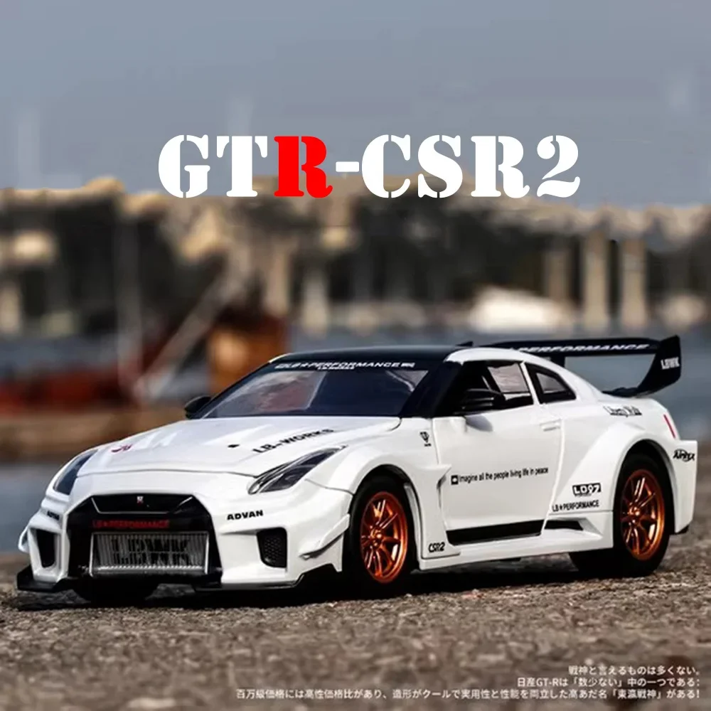 1:24 합금 GTR CSR2 R34 스포츠카 다이캐스트 모델 장난감 소리와 빛이 나는 미니어처 자동차 휠 풀백 차량 소년 선물용