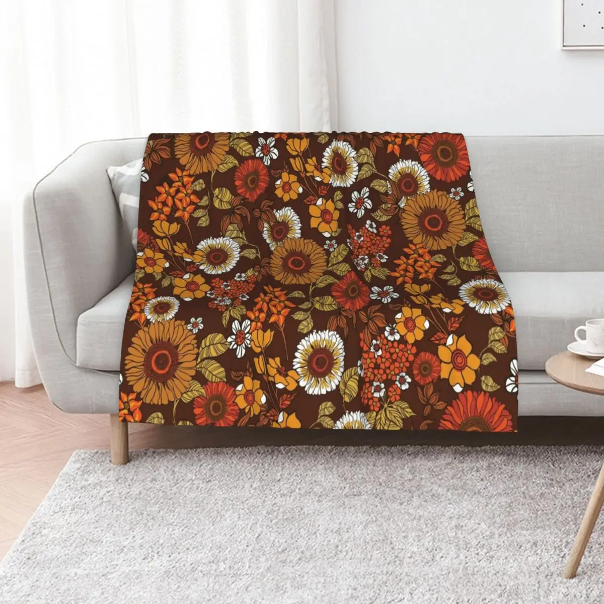 70s vintage boho flowers, orange, browns, hippie, flower power Throw Blanket Travel Furry Heavy Loose Blankets