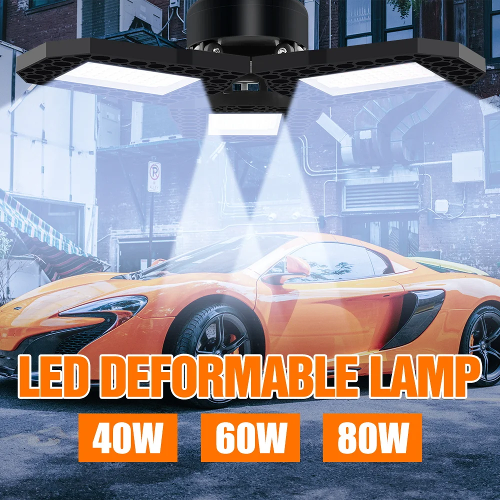 

80W LED Garage Light E27/E26 Ceiling Lamp 220V Foldable Deformable Spotlight Bulb 110V Warehouse Workshop Basement Home Lighting