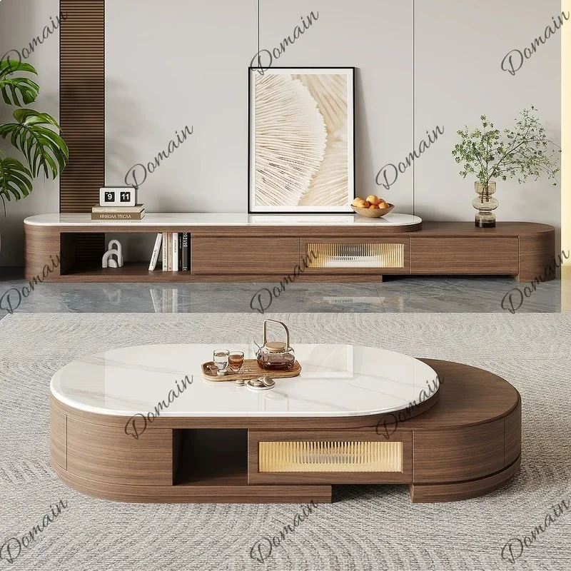 N80 Mid-Century Modern Microcrystalline Stone Slab Extendable Coffee Table TV Cabinet Walnut Color for Small Living Room