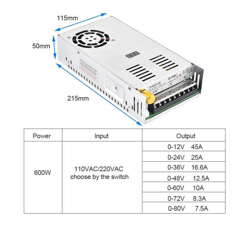 480W 600W Switching Power Supply Voltage Adjustable CC CV with Digital Display AC 110VAC to DC 12V~220V S-480 S-600