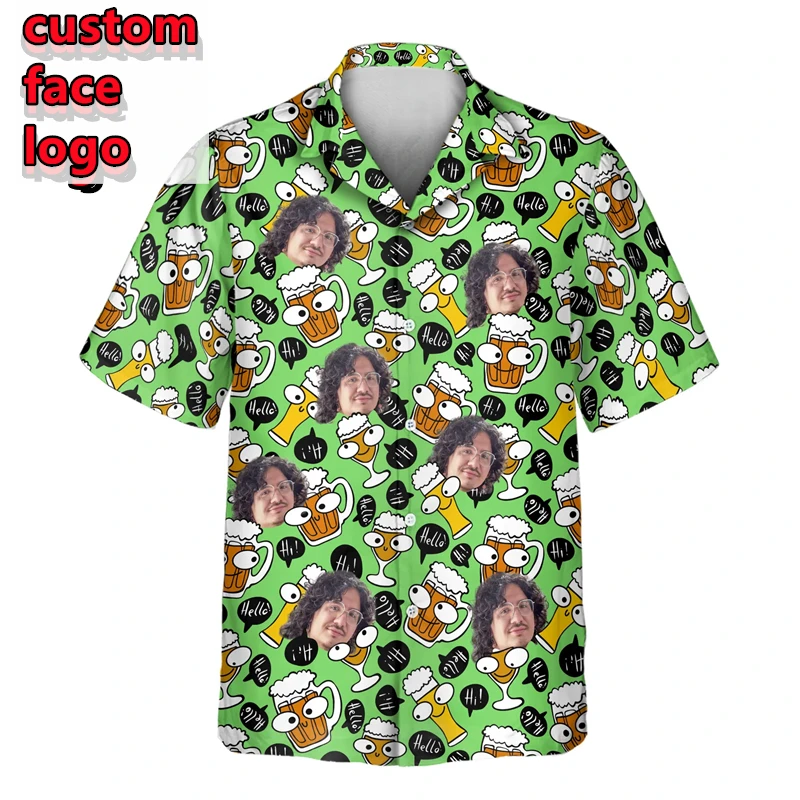 Custom Face Photo Beer Shirts For Men Clothing Customized 3D Print Hawaii Beach Shirt Y2k Vintage Clothes Short Sleeve Blouse