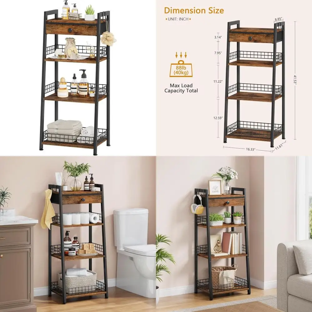 

4-Tier Ladder Shelf for Compact Spaces: Rustic Brown Storage Solution for Bathroom, Living Room, and Kitchen