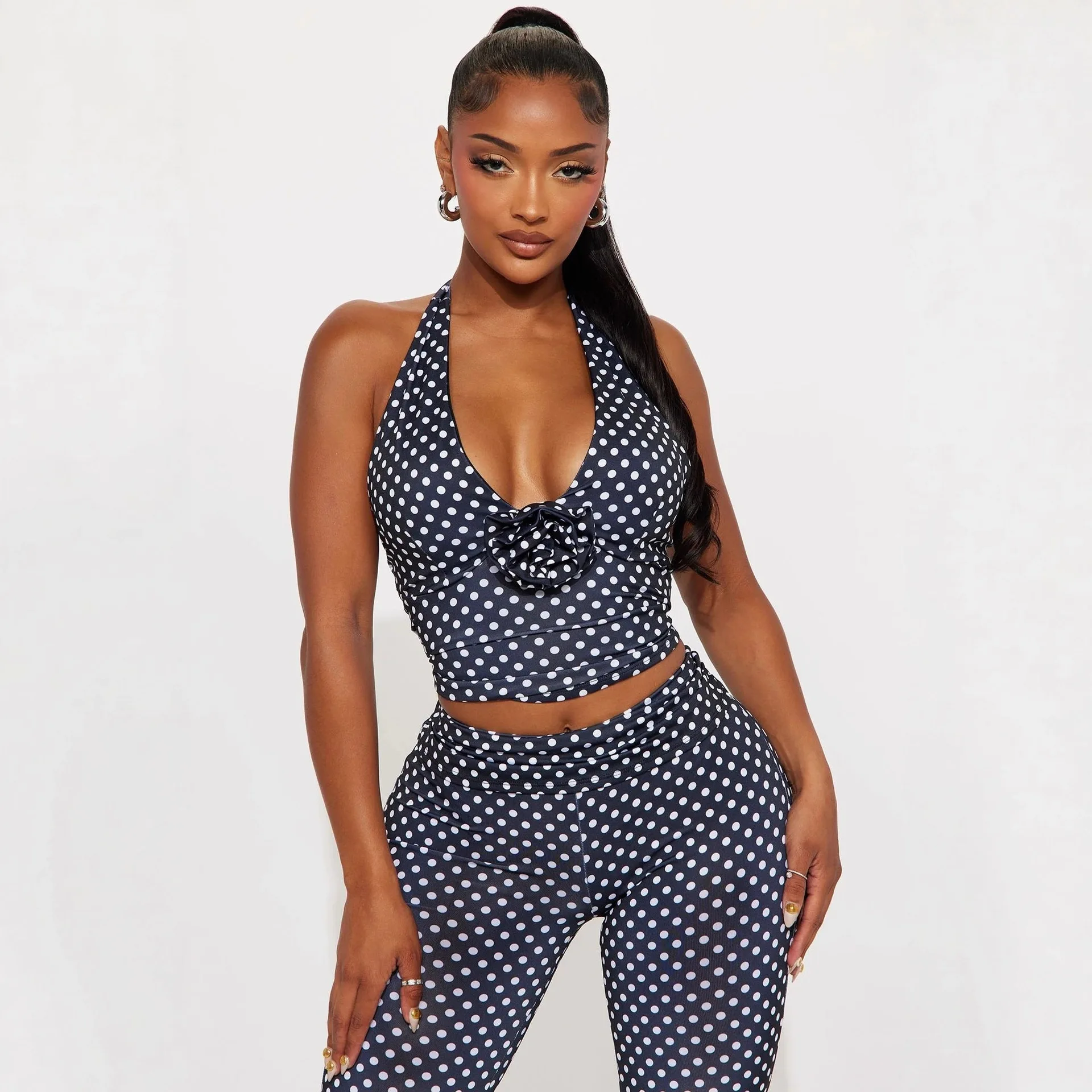 欧米風新作クロスボーダーファッション水玉スリムフィットセクシーネックストラップショートベストトップクロップドパンツスーツ女性用