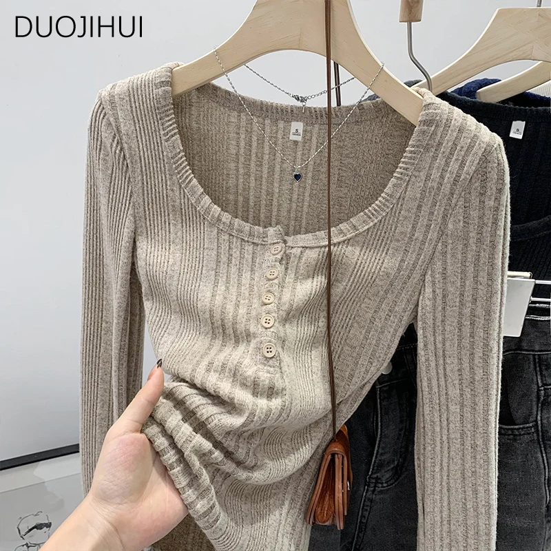 DUOJIHUI American Style Vintage Sexy Button O-neck Female Pullovers Ins Solid Color Fashion Simple Casual Simple Women Pullovers